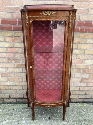 Lot 986 - French King wood vitrine enclosed by bowed glazed door, 66cm wide, 33.5cm deep, 143cm high