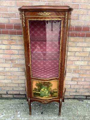 Lot 987 - French King wood vitrine enclosed by serpentine glazed door with Vernis-Martin style panel, 66cm wide, 36cm deep, 152cm high