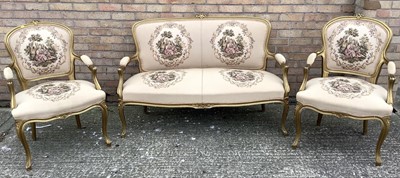 Lot 989 - French giltwood sofa and pair of matching open elbow chairs, sofa is 138cm wide