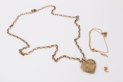 Lot 5 - 9ct gold heart locket on 9ct gold chain, one other gold chain and one gold earring