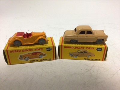 Lot 2044 - Dinky Dublo Morris Pick Up 065, Ford Prefect 061, Massey Harris Ferguson Tractor 069, Singer Roadster 062, Lansing Bagnall Tractor and Trailer 076, all boxed
