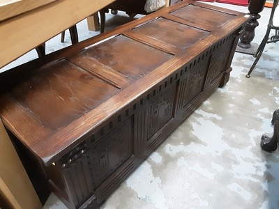 Lot 998 - Oak blanket box with carved panelled decoration, 137cm wide, 46cm deep, 49cm high