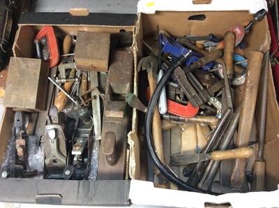 Lot 465 - Quantity old hand tools, wood planes, tool box and other accessories