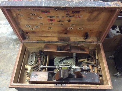 Lot 466 - Large old wooden tool box containing quantity of old hand tools