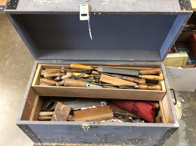 Lot 467 - Large grey painted wooden tool box containing quantity of old hand tools