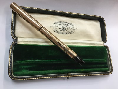 Lot 730 - Early 20th century 9ct gold Waterman's fountain pen with a 9ct gold mounted body, hallmarked London 1917, in original velvet lined tooled green leather box