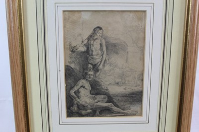 Lot 1335 - Rembrandt etching - two male nudes, a woman and baby in the background