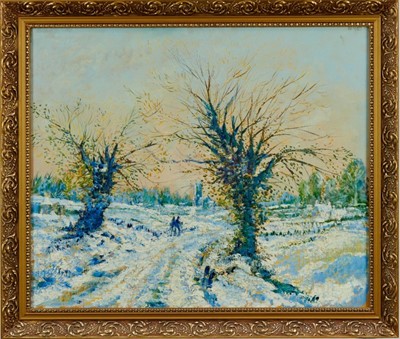 Lot 1065 - *Tom Keating oil on canvas, Snow scene, Dedham