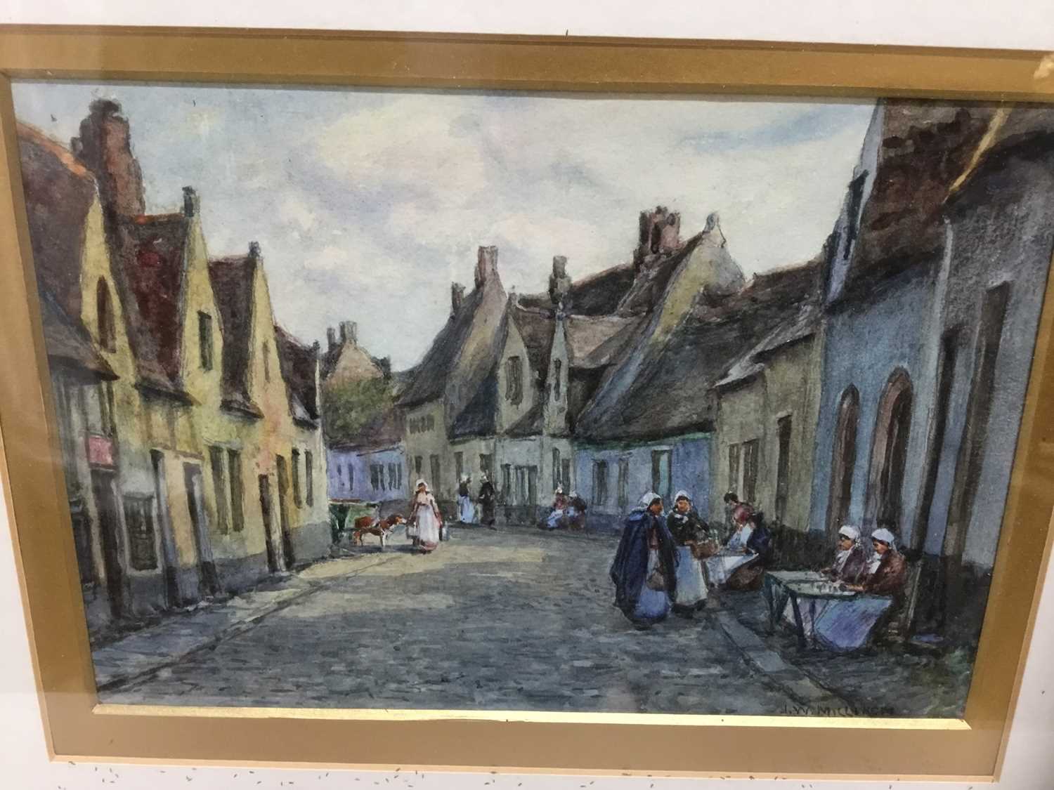 Lot 74 - James William Milliken (act. 1887-1930) watercolour, Dutch street scene with lacemakers