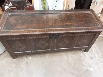 Lot 1019 - Eighteenth century oak coffer with panelled front, 144cm wide, 51cm deep, 63cm high