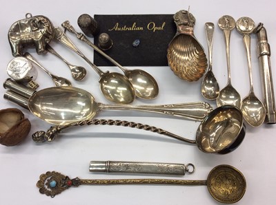 Lot 713 - Various silver and white metal spoons, silver pencil, thimbles etc