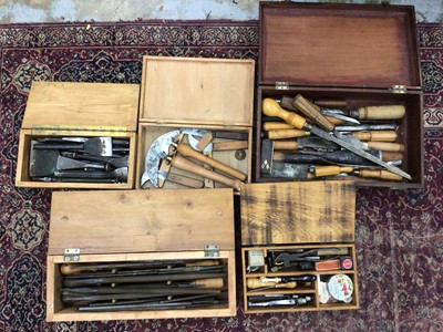 Lot 591 - Five boxes of antique and vintage woodworking tools, including chisels, rasps, knives, etc