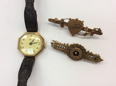 Lot 748 - Vintage 9ct gold cased ladies Avia wristwatch and two Victorian 9ct gold bar brooches