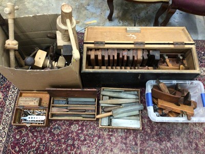 Lot 592 - Quantity of antique and vintage tools, including a box of wooden planes, ratchets, clamps, whetstones, etc