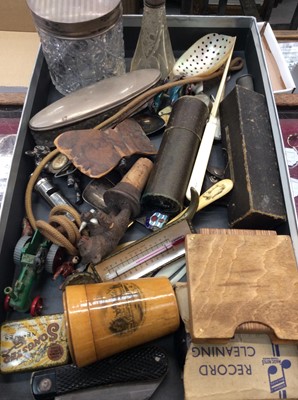 Lot 472 - Silver mounted glass jars and scent bottle, Mauchline ware box, penknife and other items of virtu