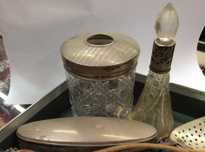 Lot 472 - Silver mounted glass jars and scent bottle, Mauchline ware box, penknife and other items of virtu