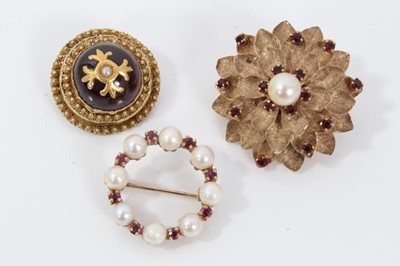 Lot 496 - Pearl and garnet wreath brooch and two others