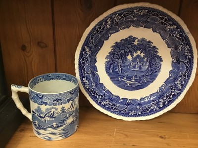 Lot 205 - Large Mason's Vista pattern blue and white circular charger, 33cm, large 19th century blue and white tankard and three blue and white plates