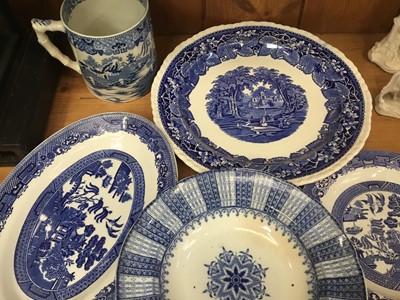 Lot 205 - Large Mason's Vista pattern blue and white circular charger, 33cm, large 19th century blue and white tankard and three blue and white plates