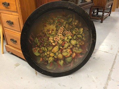 Lot 95 - Large ceramic charger painted with flowers, signed on the back, in ebonised frame, 63.5cm diameter including frame
