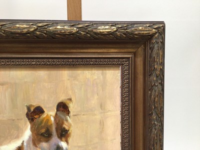 Lot 89 - Iris Collett (b. 1938), oil on board, A fox terrier standing by a wall, signed, in gilt frame. 29 x 39cm.