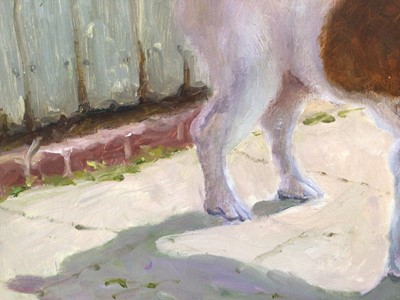 Lot 89 - Iris Collett (b. 1938), oil on board, A fox terrier standing by a wall, signed, in gilt frame. 29 x 39cm.