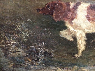 Lot 90 - English School 19th Century, oil on canvas, A setter in a landscape, monogrammed J.C. and dated 1869, in gilt frame. 21 x 28cm.
