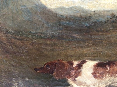 Lot 90 - English School 19th Century, oil on canvas, A setter in a landscape, monogrammed J.C. and dated 1869, in gilt frame. 21 x 28cm.