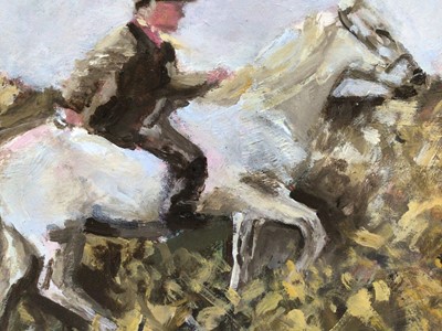 Lot 92 - Manner of A.J. Munnings, oil on board, A rider on a grey horse leading another horse, in gilt frame. 13 x 18cm.