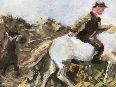 Lot 92 - Manner of A.J. Munnings, oil on board, A rider on a grey horse leading another horse, in gilt frame. 13 x 18cm.