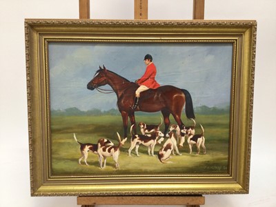 Lot 94 - D.L. Geere, oil on board, A huntsman on a chestnut hunter and the hounds, signed and dated '80, in gilt frame, 32 x 43cm.