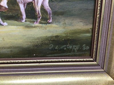 Lot 94 - D.L. Geere, oil on board, A huntsman on a chestnut hunter and the hounds, signed and dated '80, in gilt frame, 32 x 43cm.