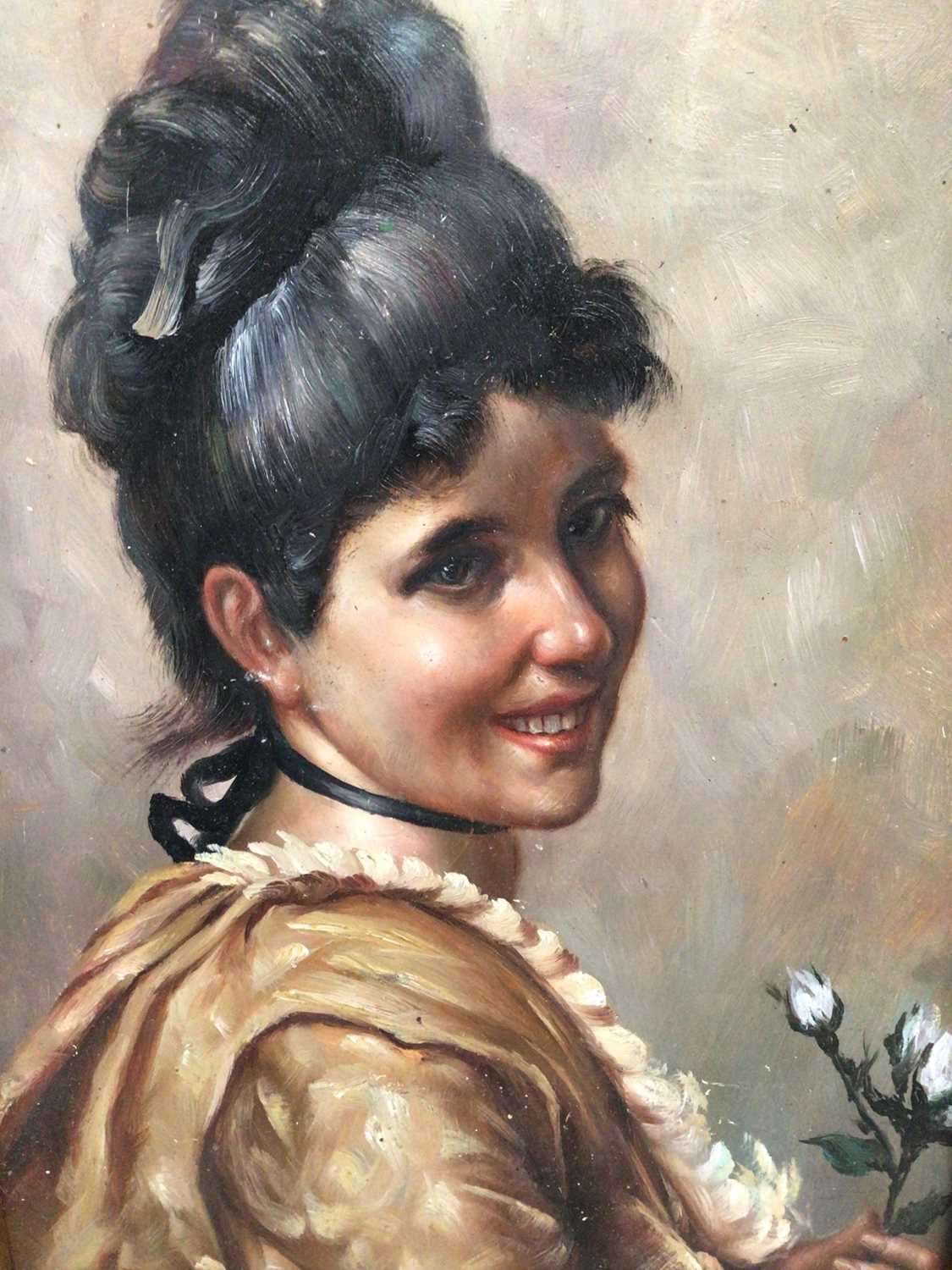 Lot 95 - Continental School 20th Century, oil on board, A pretty girl holding a flower, in gilt frame. 16 x 12cm.