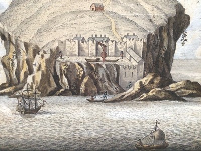 Lot 96 - English School 17th/18th Century, A hand coloured engraving of the Bass Rock, from the south shore, numbered 67, in dark frame, 23 x 40cm.
