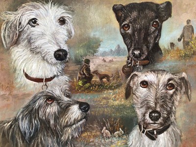 Lot 256 - Dennis Barron, oil on board, An oil on board of four dogs: Lucky; Lizzy; Deja and Henry,  inscribed verso, in gilt frame. 40 x 50cm.