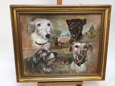 Lot 98 - Dennis Barron, oil on board, An oil on board of four dogs: Lucky; Lizzy; Deja and Henry,  inscribed verso, in gilt frame. 40 x 50cm.
