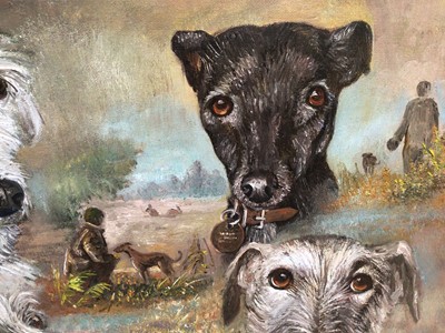 Lot 256 - Dennis Barron, oil on board, An oil on board of four dogs: Lucky; Lizzy; Deja and Henry,  inscribed verso, in gilt frame. 40 x 50cm.