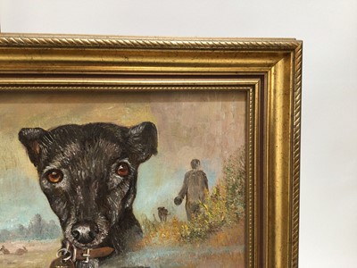 Lot 98 - Dennis Barron, oil on board, An oil on board of four dogs: Lucky; Lizzy; Deja and Henry,  inscribed verso, in gilt frame. 40 x 50cm.