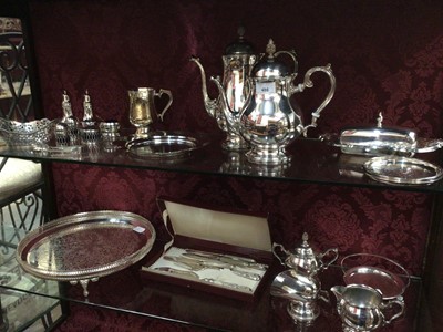 Lot 486 - Quantity of silver plate, including coffee pot, teapot, butter dish etc