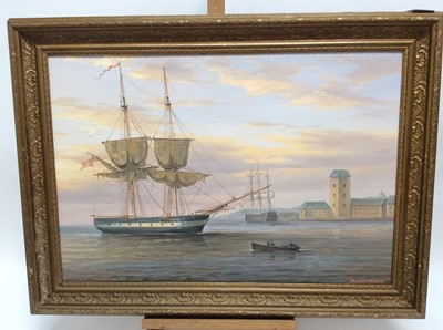 Lot 212 - James Hardy, 20th century, oil on canvas laid on board, A Norwegian armed Merchantman in Harbour, signed