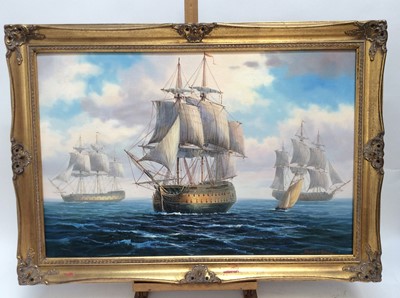 Lot 211 - James Hardy, 20th century, oil on canvas laid on board, A Warship taken from three positions, signed