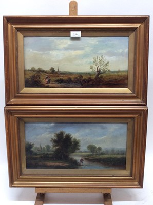 Lot 210 - J Jackson, late 19th century, pair of oils on canvas, An Angler and Country Lane with Figures, each signed, 21cm x 41cm, in glazed gilt frames