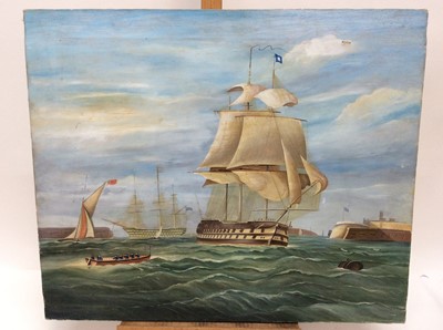 Lot 207 - English School, circa 1900, oil on canvas, Warships in Portsmouth