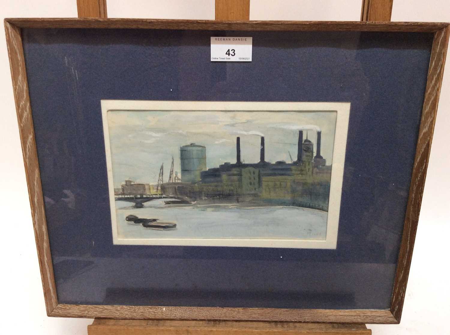 Lot 43 - M. Fowell, mid 20th century watercolour and gouache - Battersea Power Station, signed, 14cm x 22cm, in glazed frame