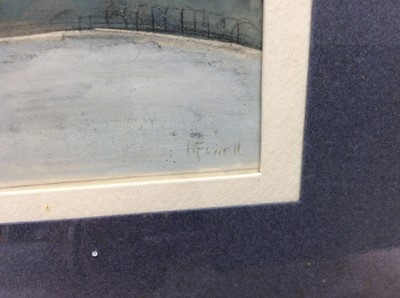 Lot 43 - M. Fowell, mid 20th century watercolour and gouache - Battersea Power Station, signed, 14cm x 22cm, in glazed frame