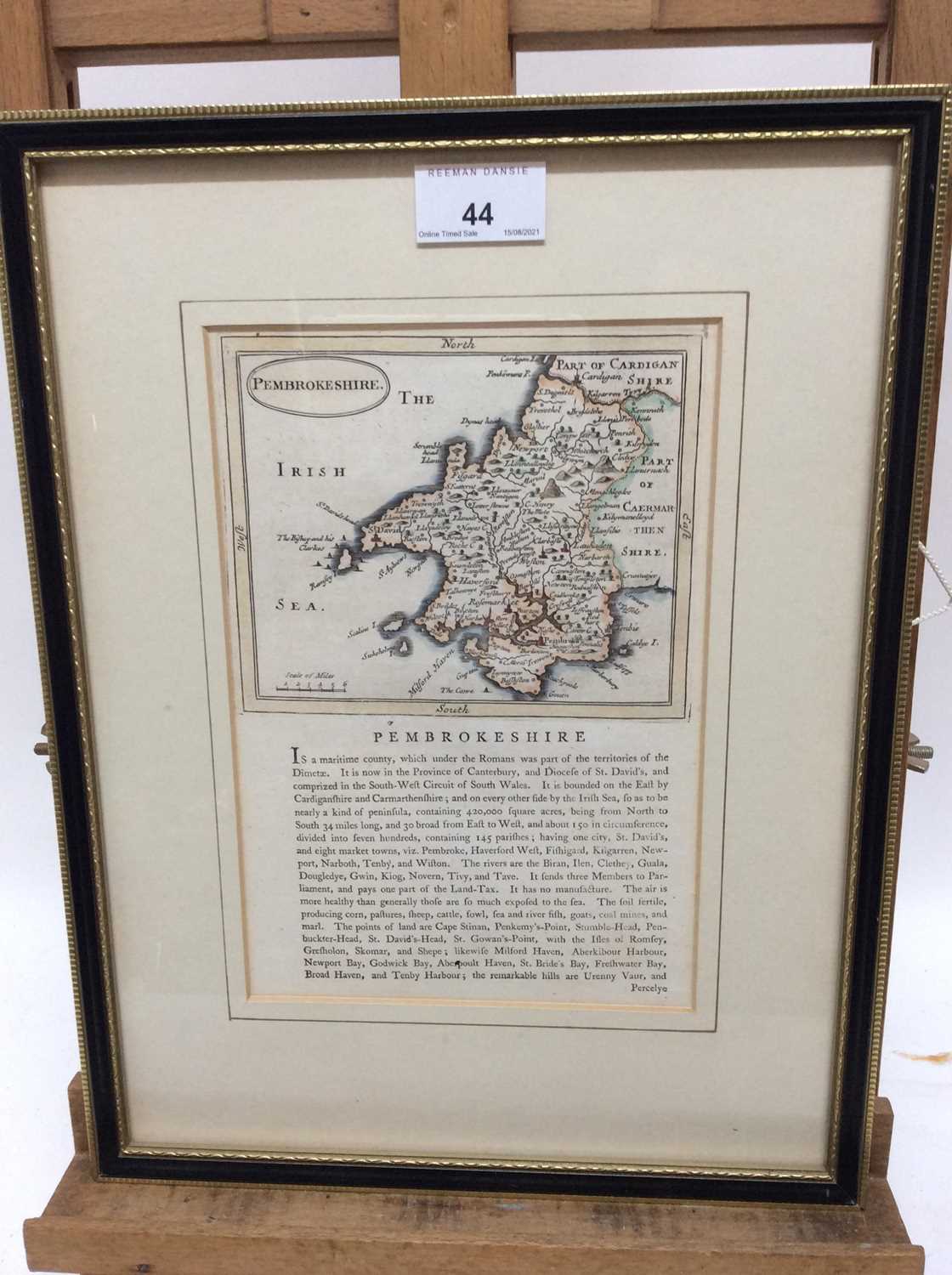 Lot 44 - 18th century hand coloured engraved map of Pembrokeshire, 23cm x 16cm, in glazed frame