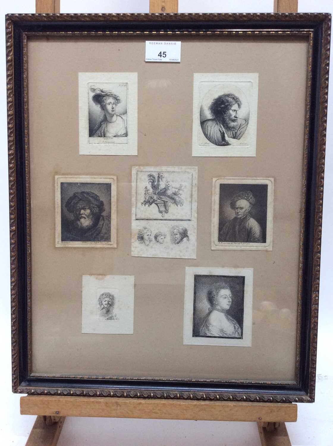 Lot 45 - Two framed displays of 18th century engravings after Rembrandt, Teniers and others, in glazed gilt and ebonised frames, 42cm x 34cm overall