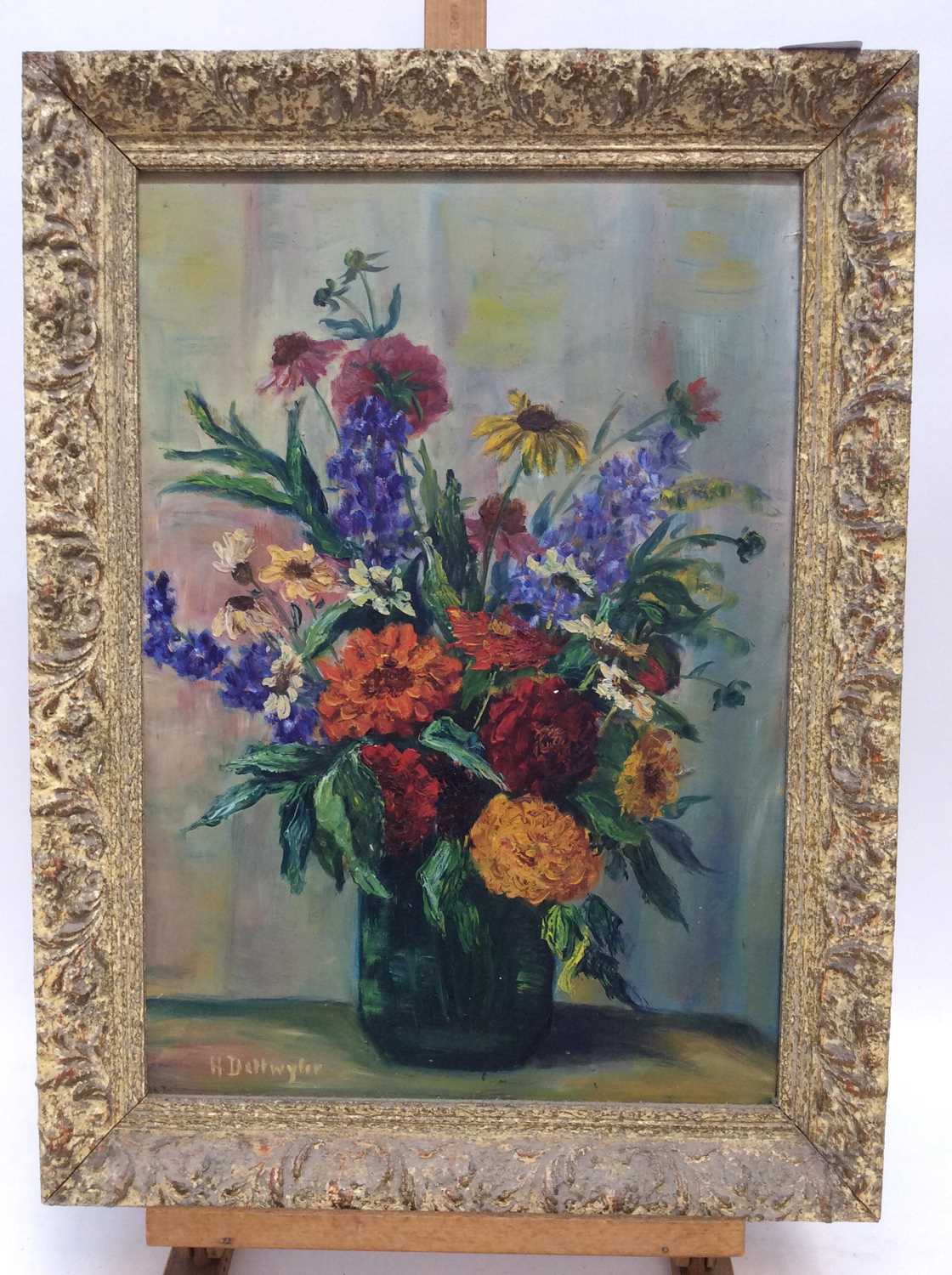 Lot 46 - 1930s/40s oil on board - still life of summer flowers, indistinctly signed, 48cm x 33cm, in painted frame