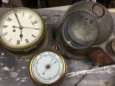 Lot 492 - Antique brass ships compass, together with ships clock and a wall barometer. (3)