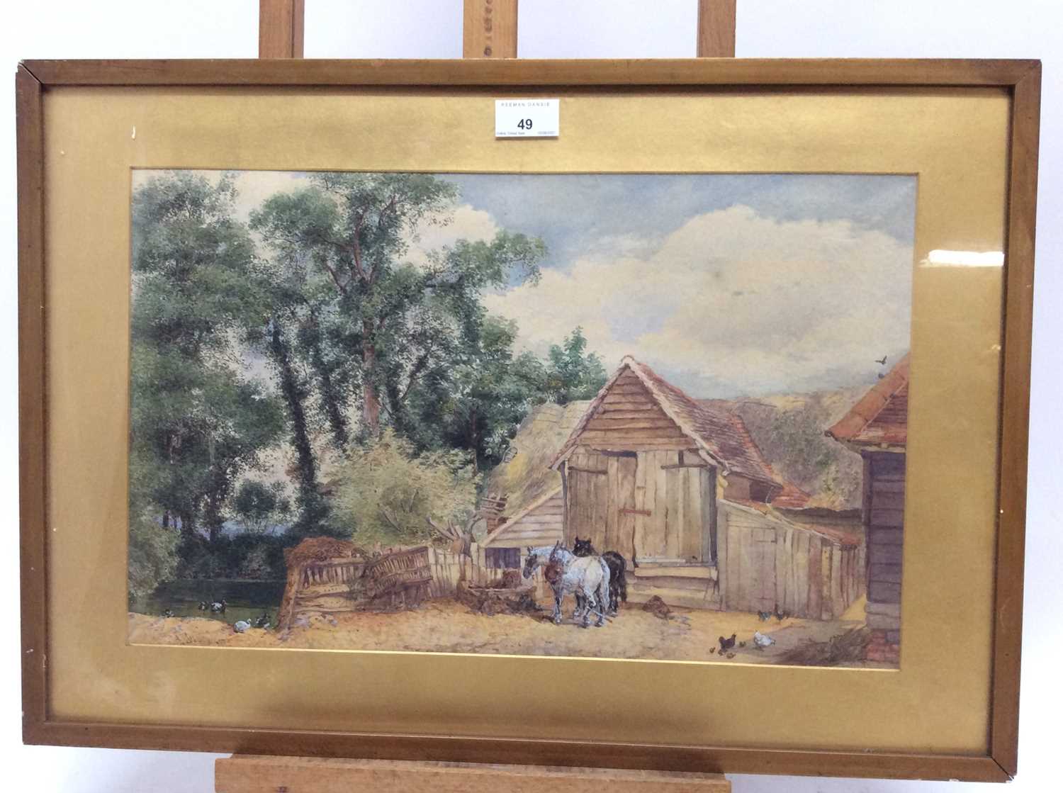 Lot 49 - A. S. Oswin, late Victorian watercolour - rural farmstead, 30cm x 47cm, together with another view of a country cottage, 17cm x 25cm and a third watercolour (3)
